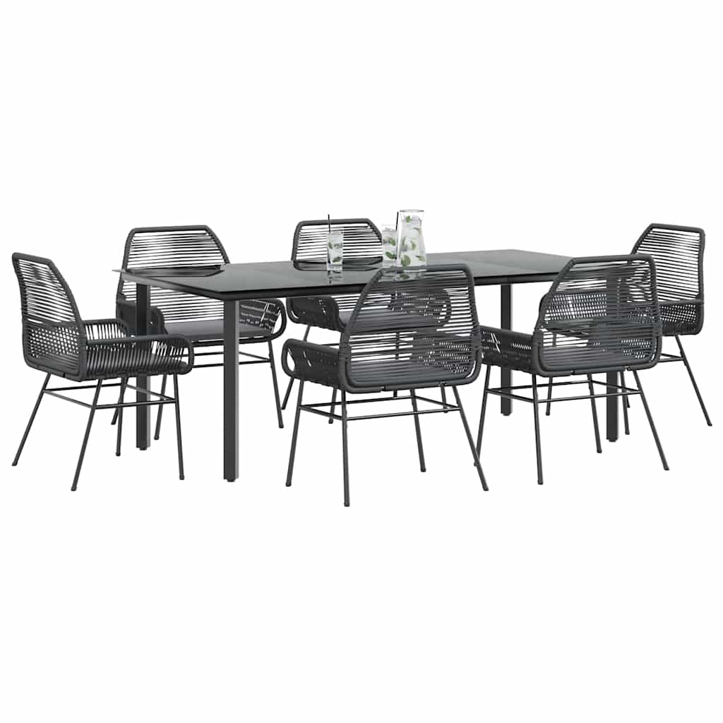 Ensemble à manger de jardin coussins 7pcs noir poly rotin verre