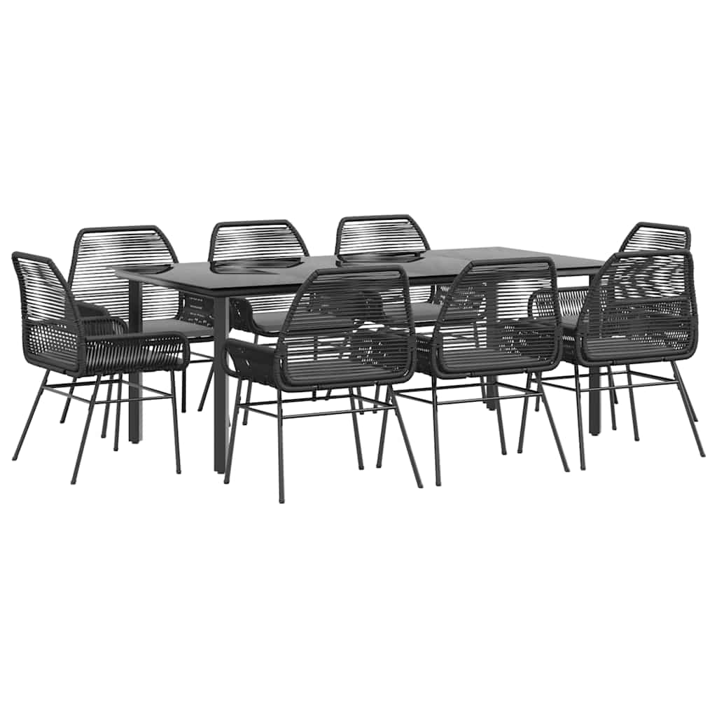 Ensemble à manger de jardin coussins 9pcs noir poly rotin verre