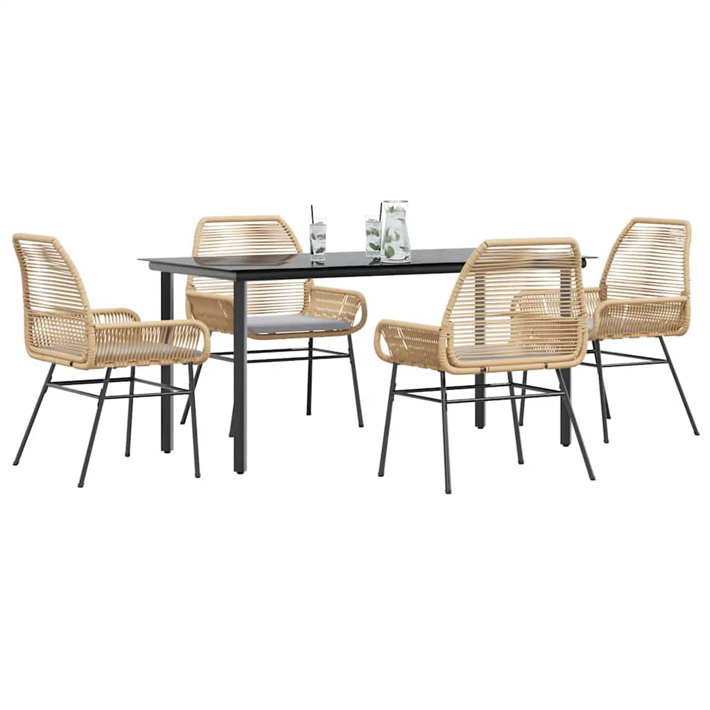 Ensemble à manger jardin coussins 5pcs marron poly rotin verre