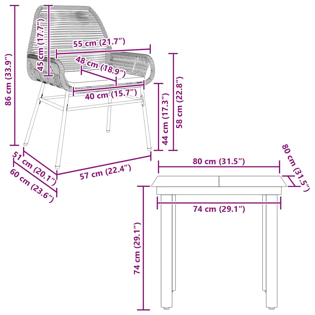 Ensemble à manger jardin coussins 3 pcs gris poly rotin verre