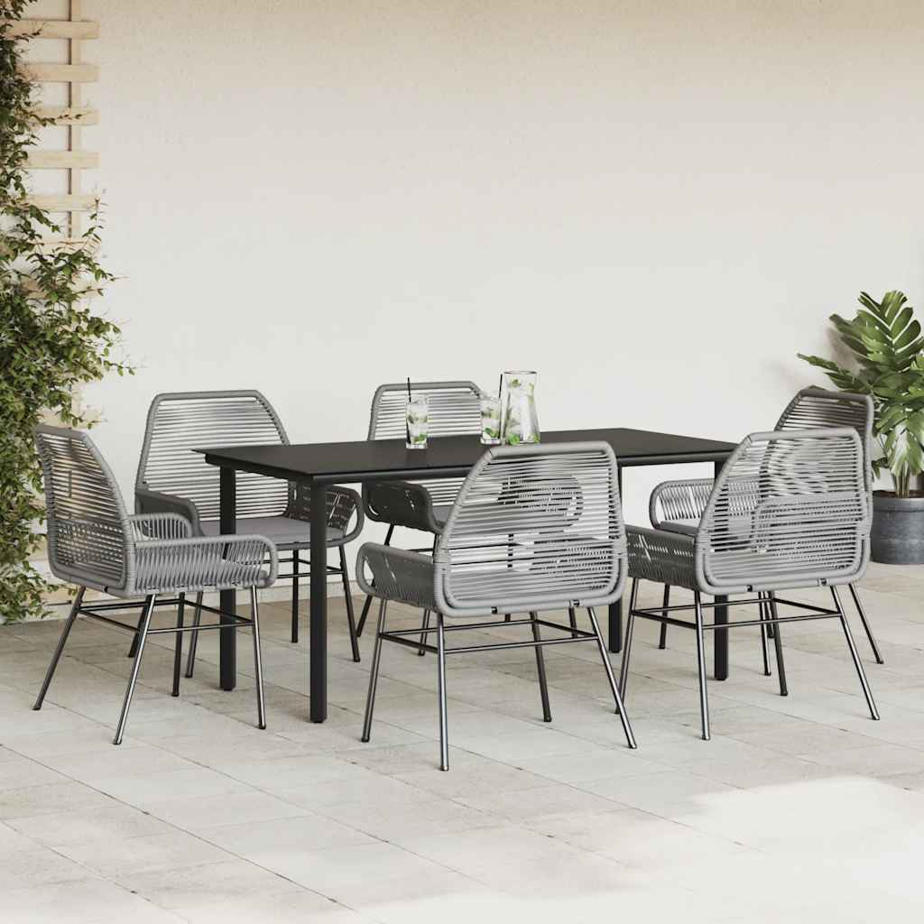 Ensemble à manger jardin coussins 7 pcs gris poly rotin verre