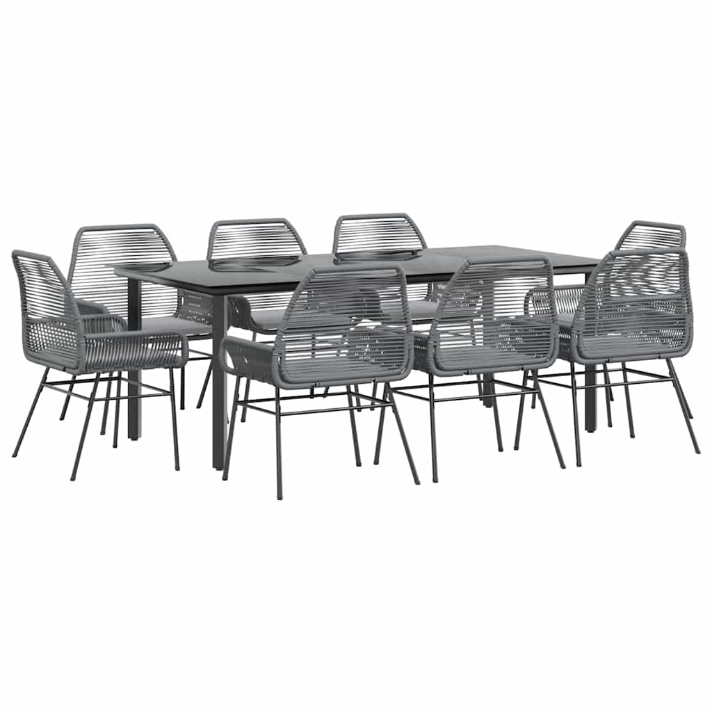 Ensemble à manger jardin coussins 9 pcs gris poly rotin verre