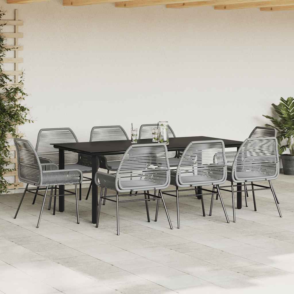 Ensemble à manger jardin coussins 9 pcs gris poly rotin verre