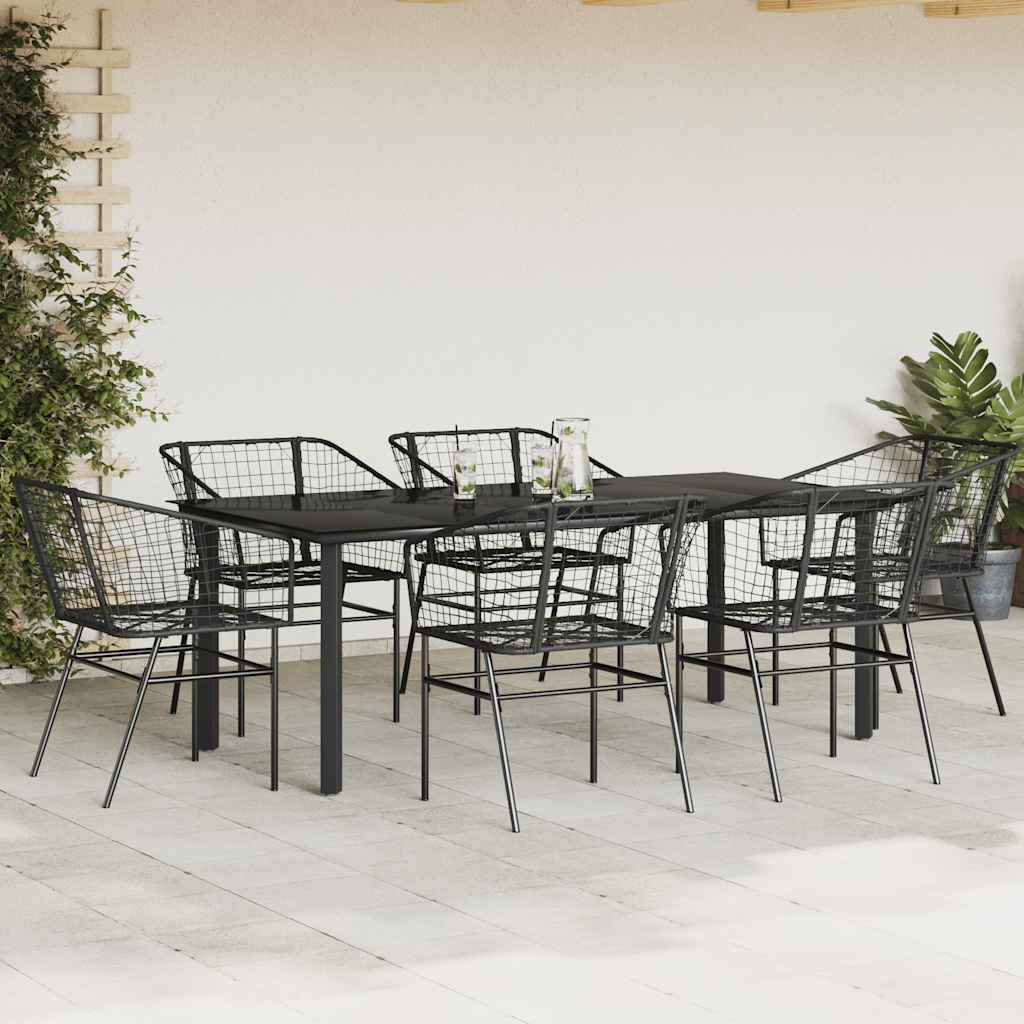 Ensemble à manger de jardin 7pcs noir poly rotin verre