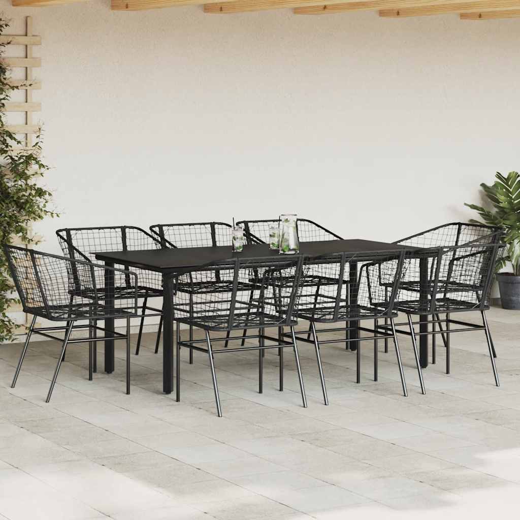 Ensemble à manger de jardin 9pcs noir poly rotin verre