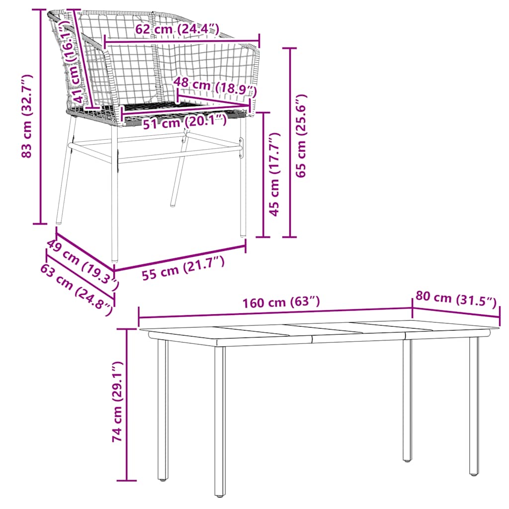 Ensemble à manger jardin 5pcs marron poly rotin verre