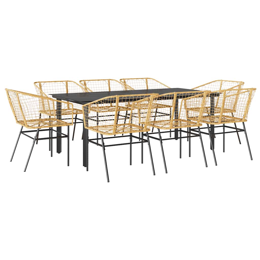 Ensemble à manger de jardin 9 pcs marron résine tressée verre