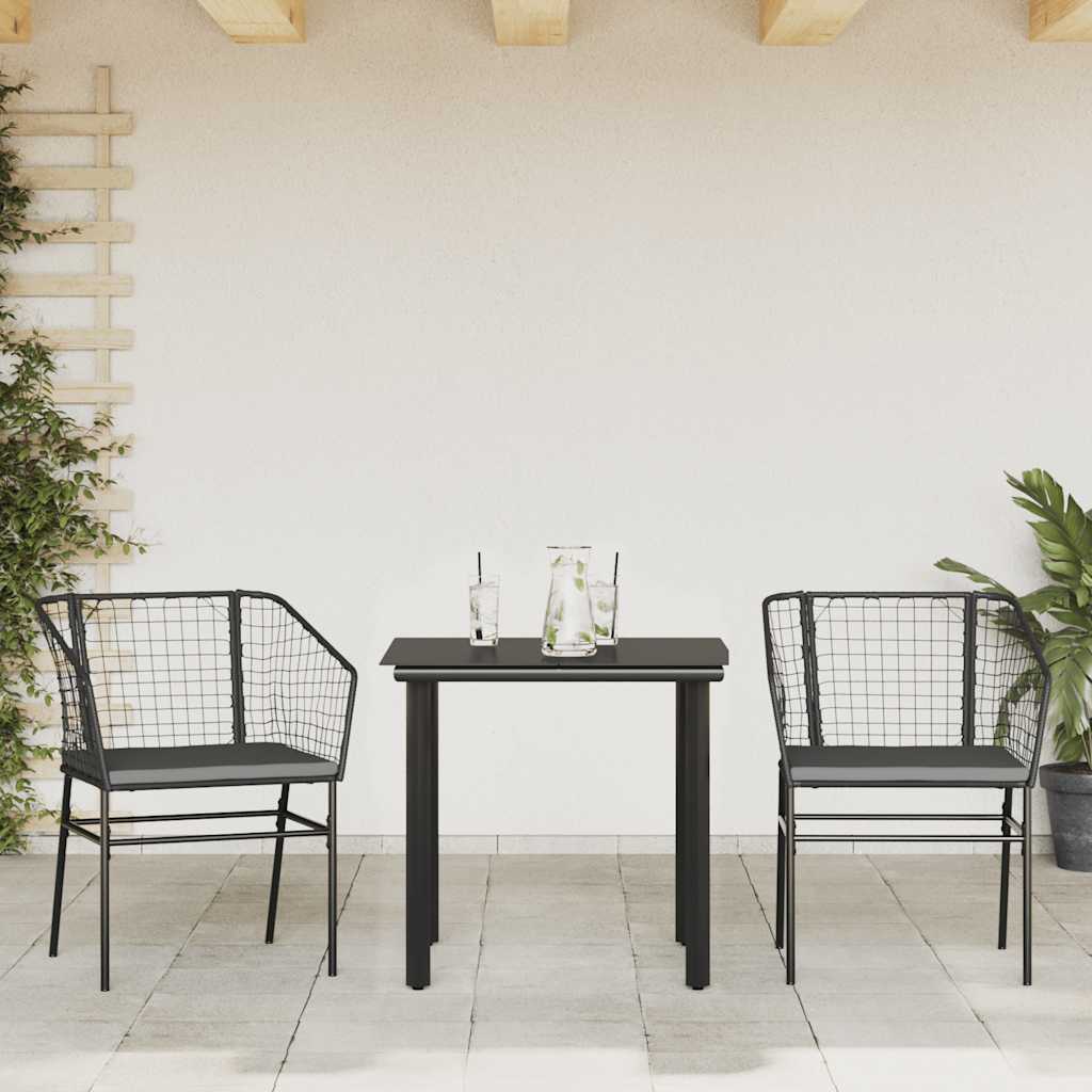 Ensemble à manger de jardin et coussins 3 pcs noir rotin verre