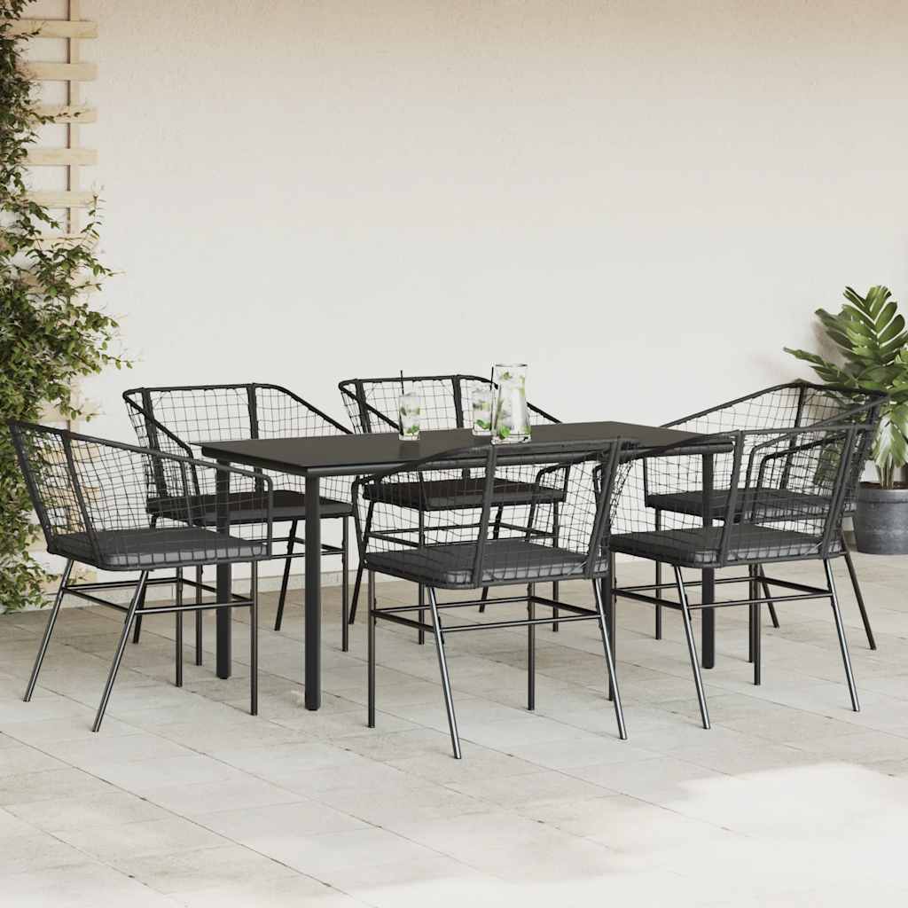 Ensemble à manger de jardin coussins 7pcs noir poly rotin verre