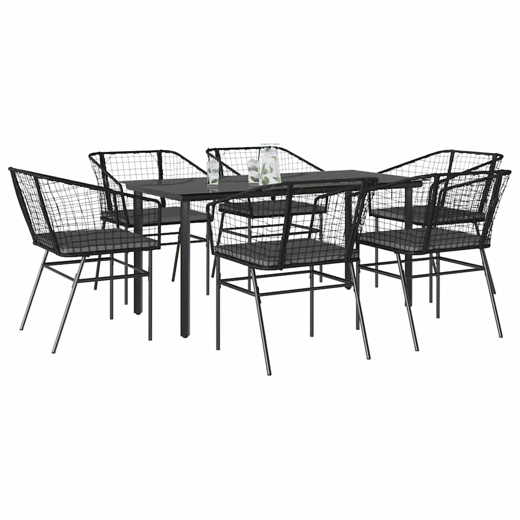 Ensemble à manger de jardin coussins 7pcs noir poly rotin verre
