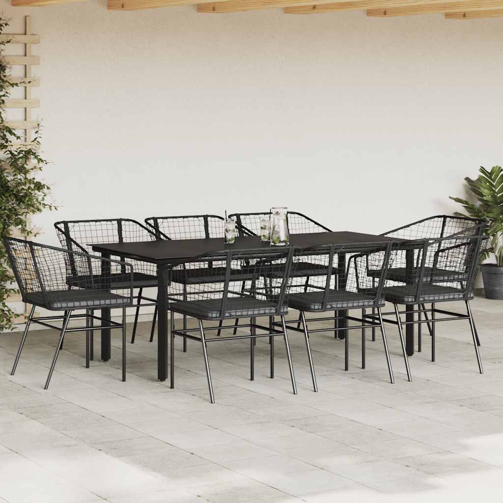 Ensemble à manger de jardin coussins 9pcs noir poly rotin verre