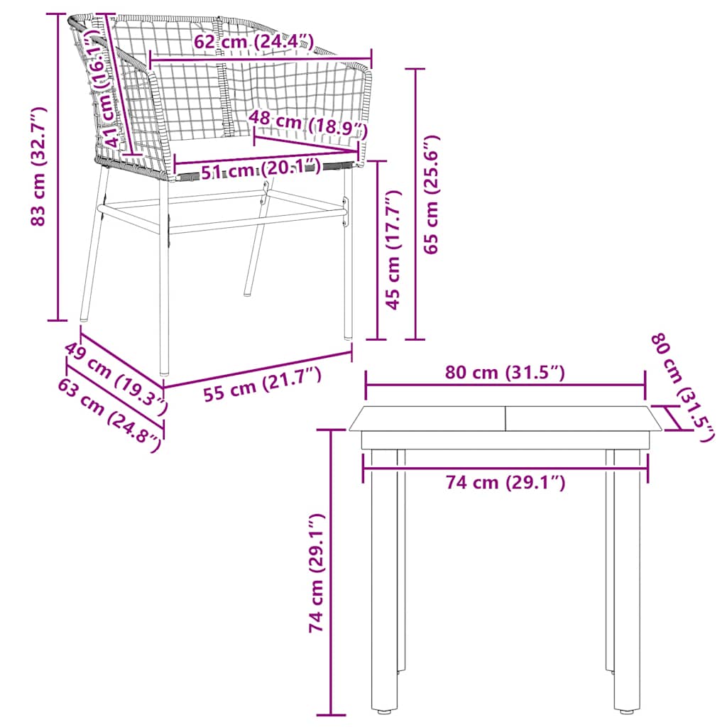 Ensemble à manger jardin coussins 3pcs marron poly rotin verre