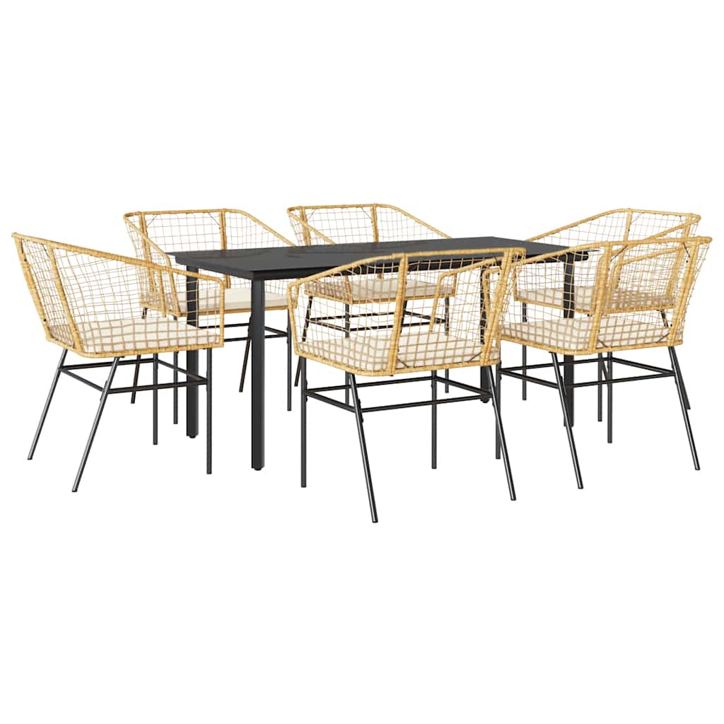 Ensemble à manger jardin coussins 7pcs marron poly rotin verre
