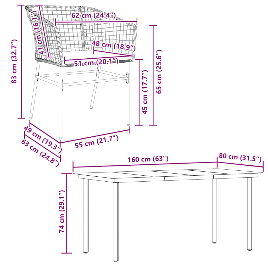 Ensemble à manger jardin coussins 7pcs marron poly rotin verre