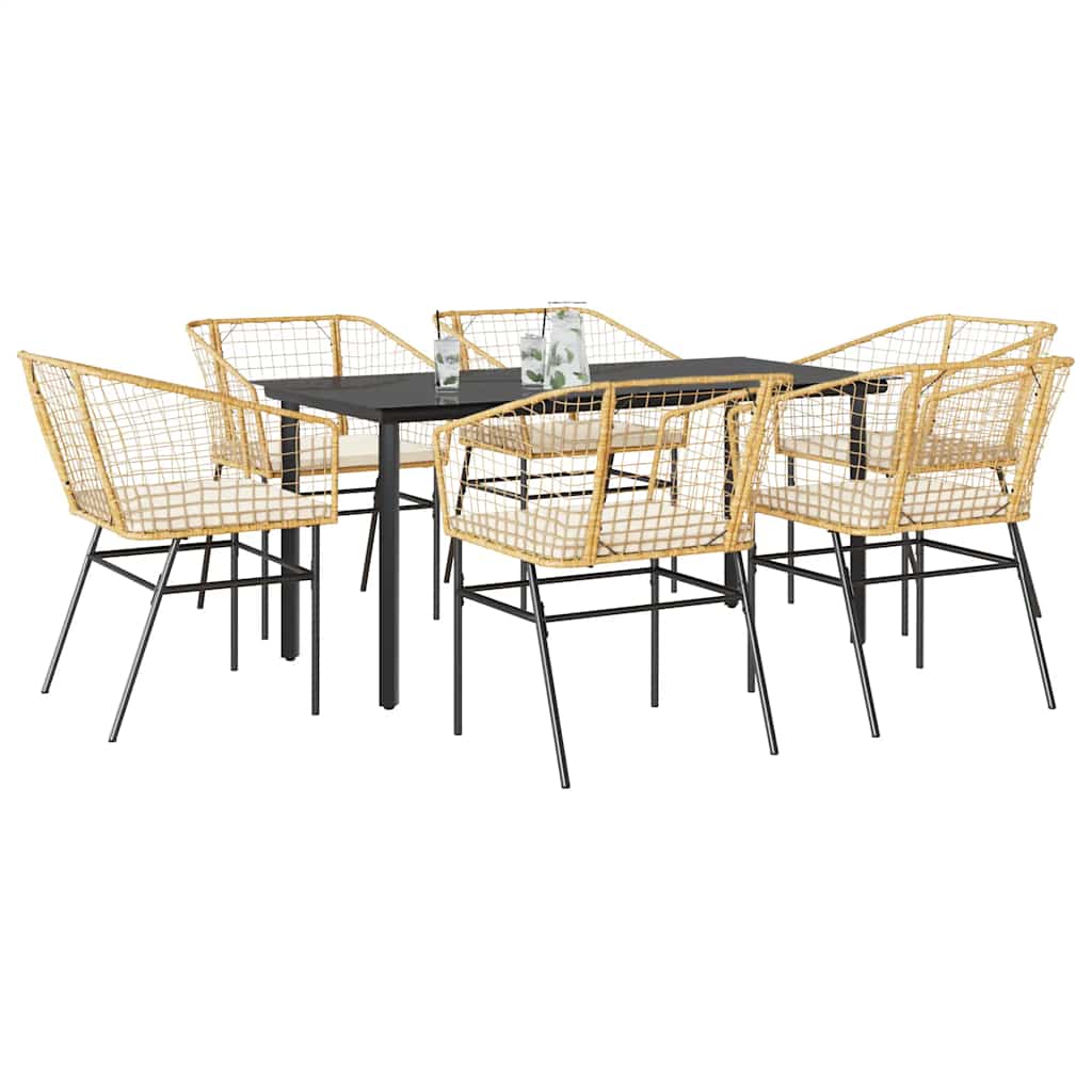 Ensemble à manger jardin coussins 7pcs marron poly rotin verre