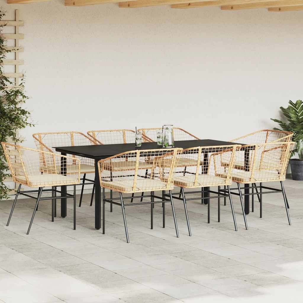 Ensemble à manger jardin coussins 9pcs marron poly rotin verre