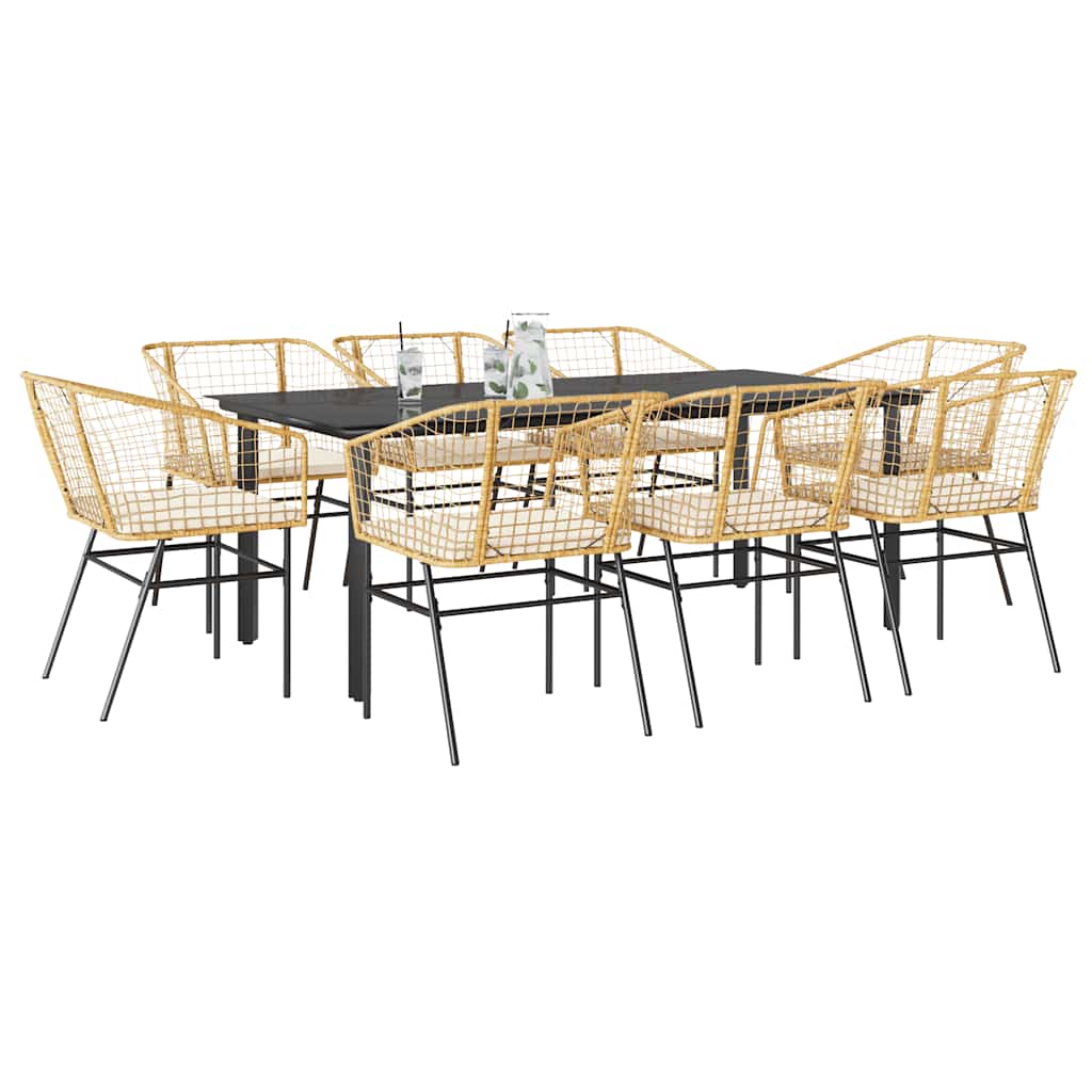 Ensemble à manger jardin coussins 9pcs marron poly rotin verre