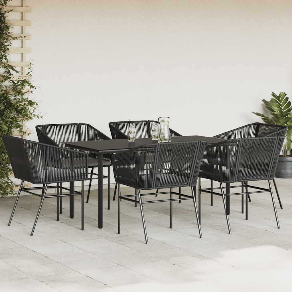Ensemble à manger de jardin coussins 7pcs noir poly rotin verre
