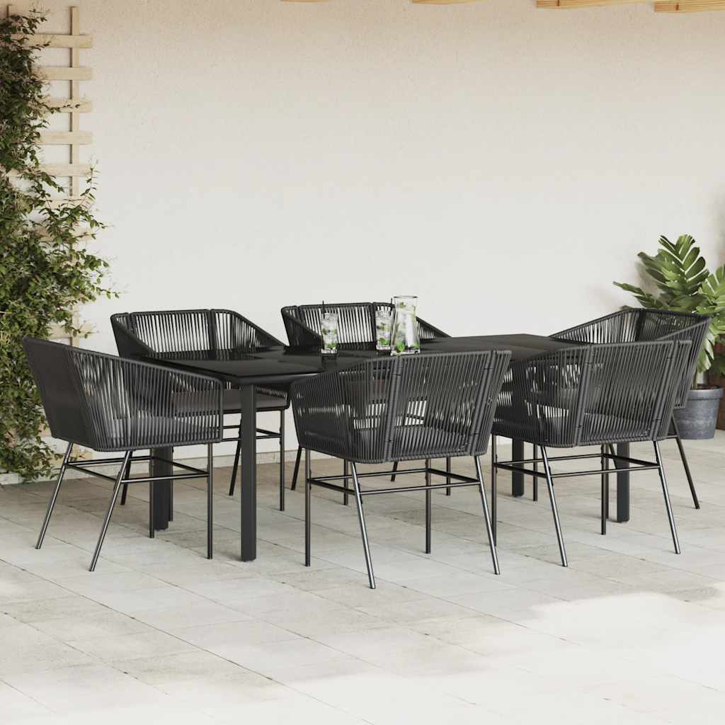 Ensemble à manger de jardin coussins 7pcs noir poly rotin verre