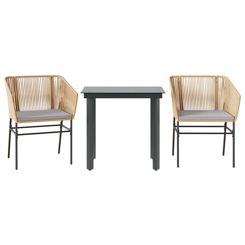Ensemble à manger jardin coussins 3pcs marron poly rotin verre