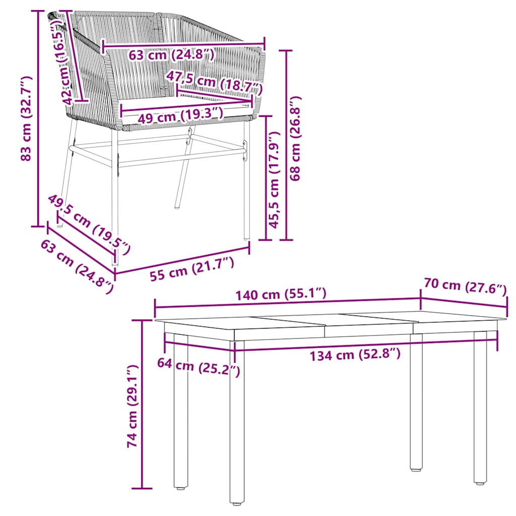 Ensemble à manger jardin coussins 5pcs marron poly rotin verre