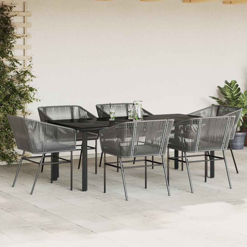 Ensemble à manger jardin coussins 7 pcs gris poly rotin verre