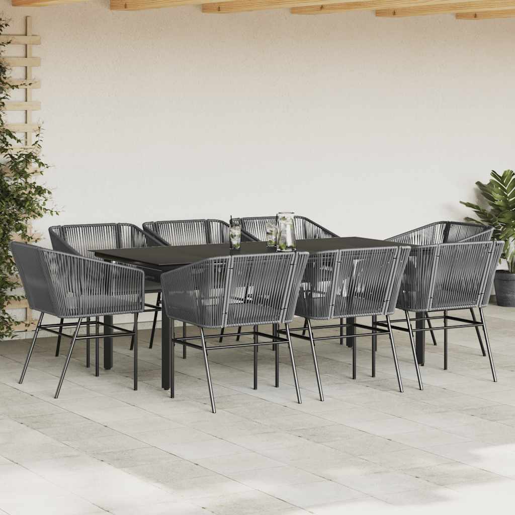 Ensemble à manger jardin coussins 9 pcs gris poly rotin verre