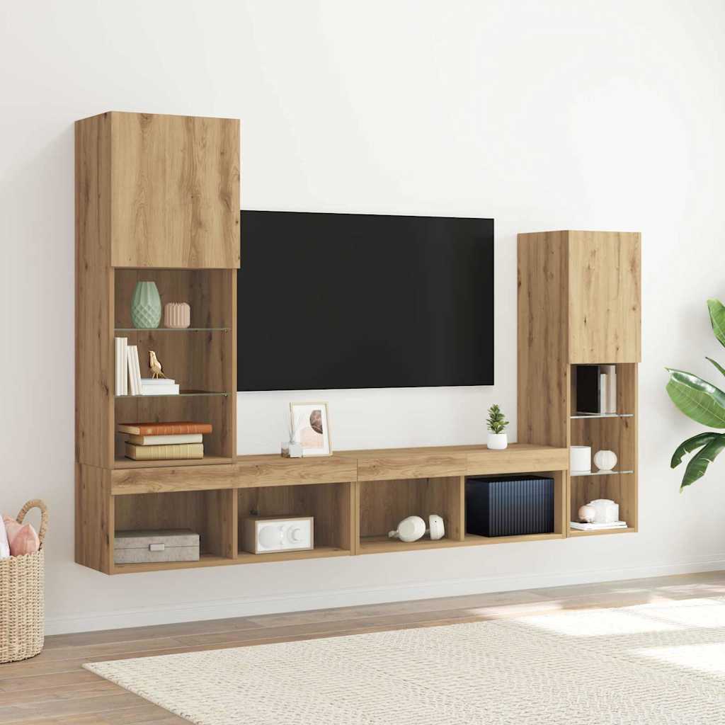Meuble TV 4 pc chêne artisanal Bois d'ingénierie