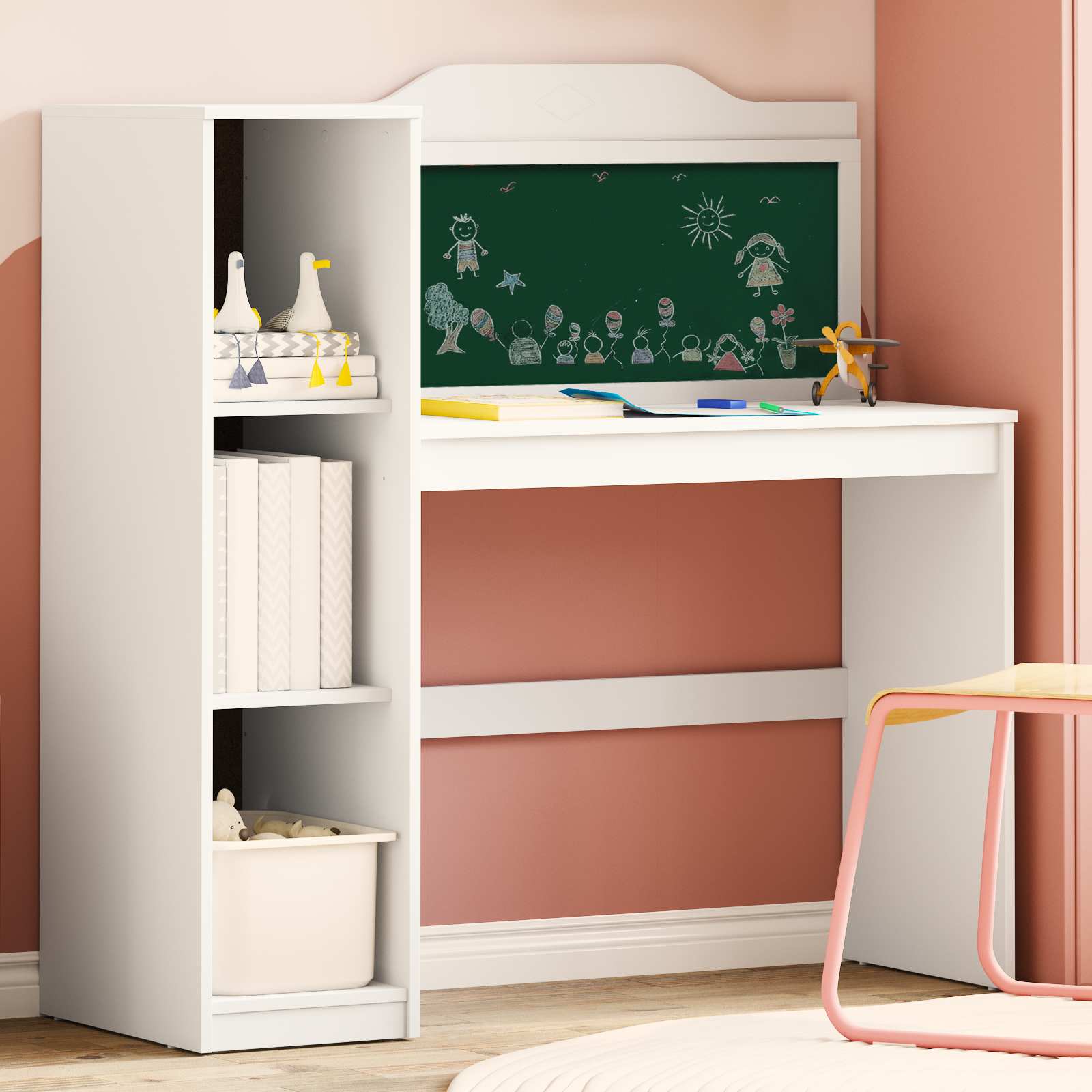 Bureau avec rangement ouvert et tableau noir ROROS Blanc - XIOS