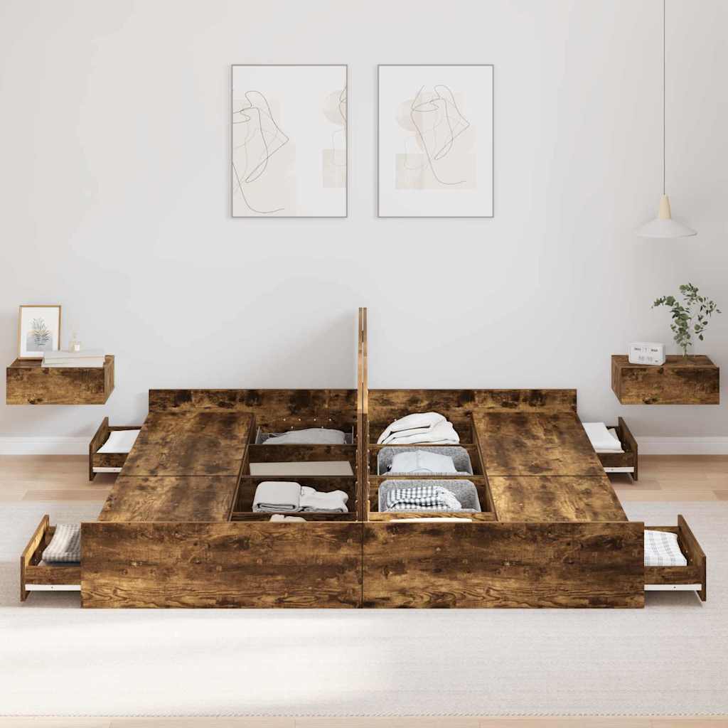 Cadre de lit avec rangement avec tiroir Chêne fumé 200 x 200 cm - XIOS