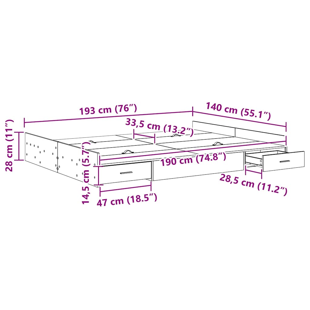 Cadre de lit avec rangement avec tiroir Chêne fumé 140 x 190 cm - XIOS
