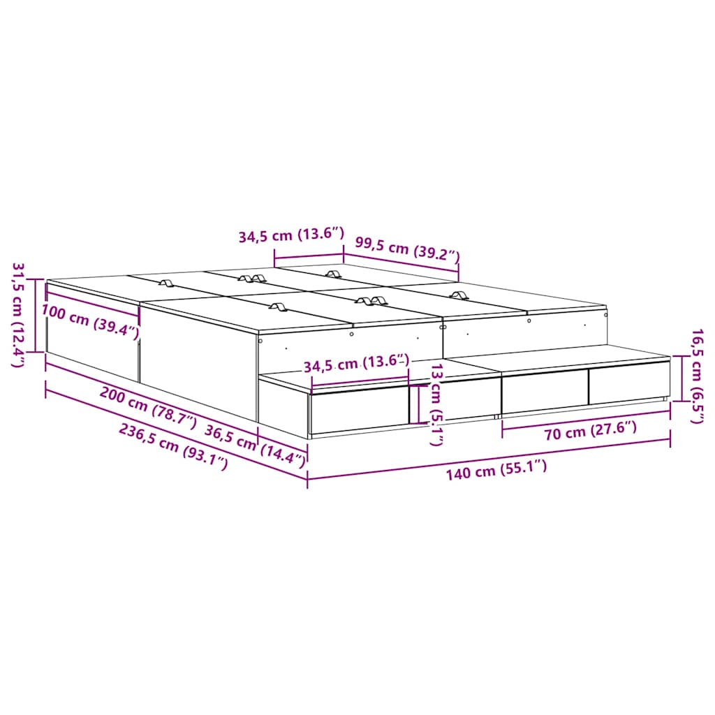 Cadre de lit avec rangement avec tiroir Gris Sonoma 140 cm - XIOS