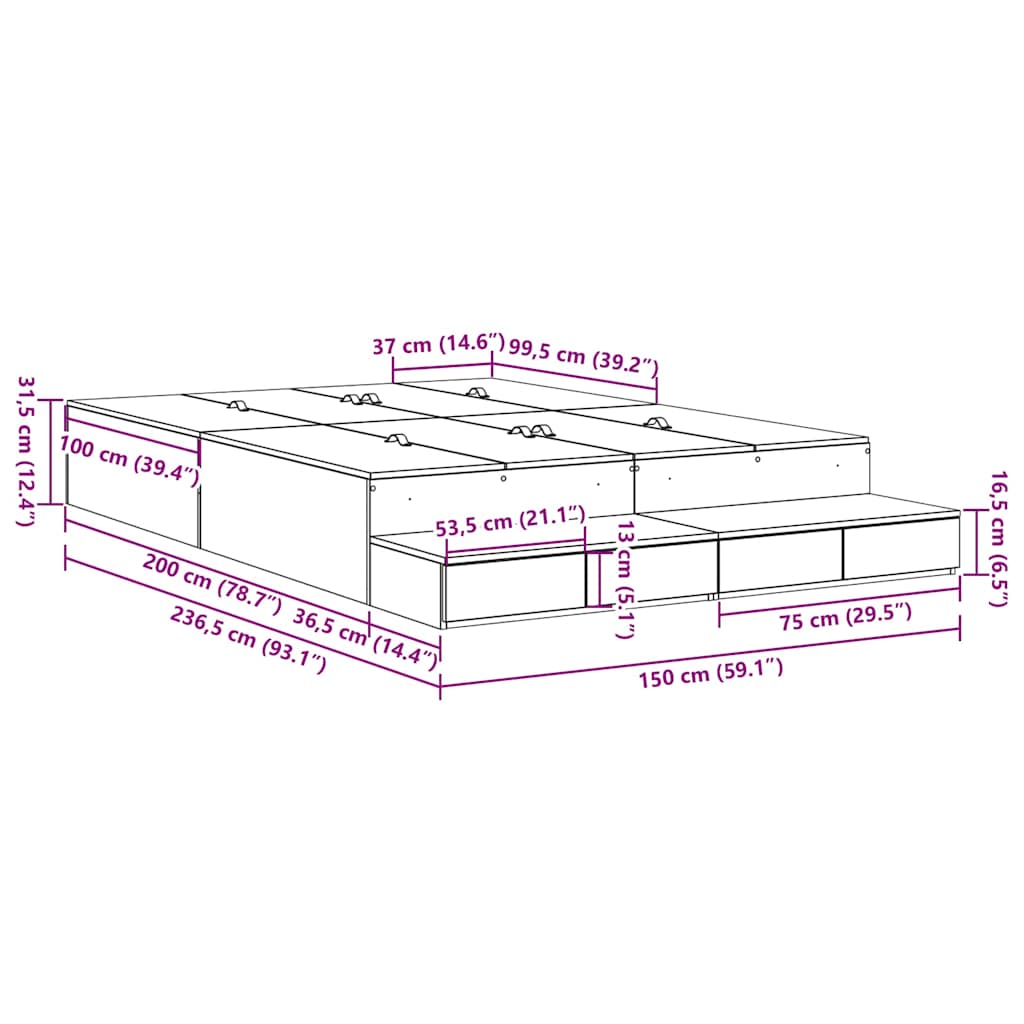 Cadre de lit avec rangement Chêne noir 150 cm Bois d'ingénierie - XIOS