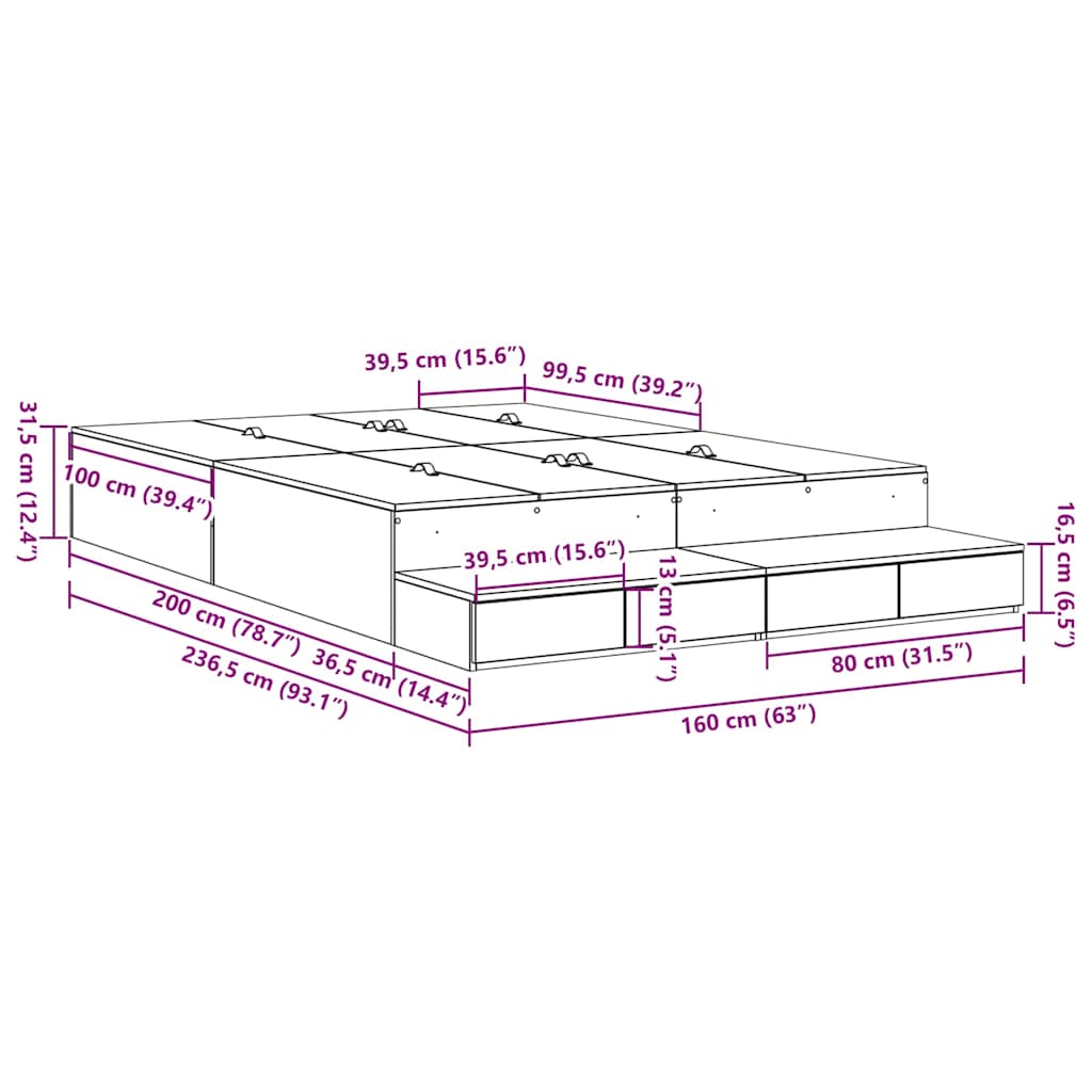 Cadre de lit avec rangement avec tiroir Gris Sonoma 160 cm - XIOS