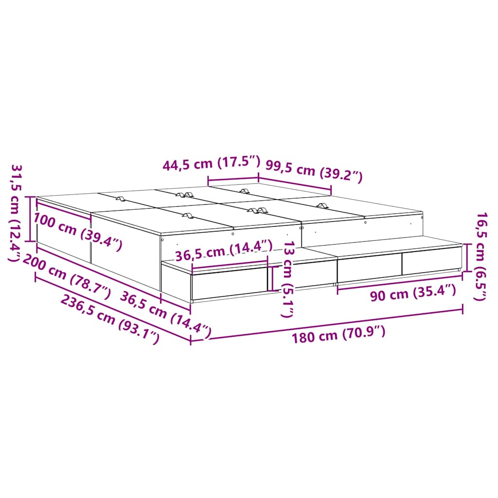 Cadre de lit avec rangement Sonoma gris 236,5 x 180 x 31,5 cm - XIOS