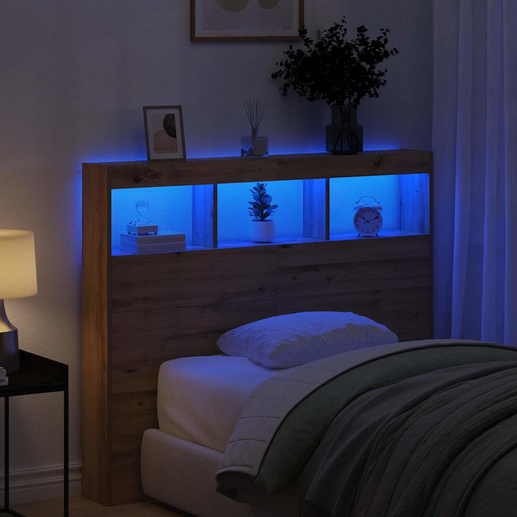 Cabinet de Tête de Lit avec LED avec étagère chêne artisanal - XIOS