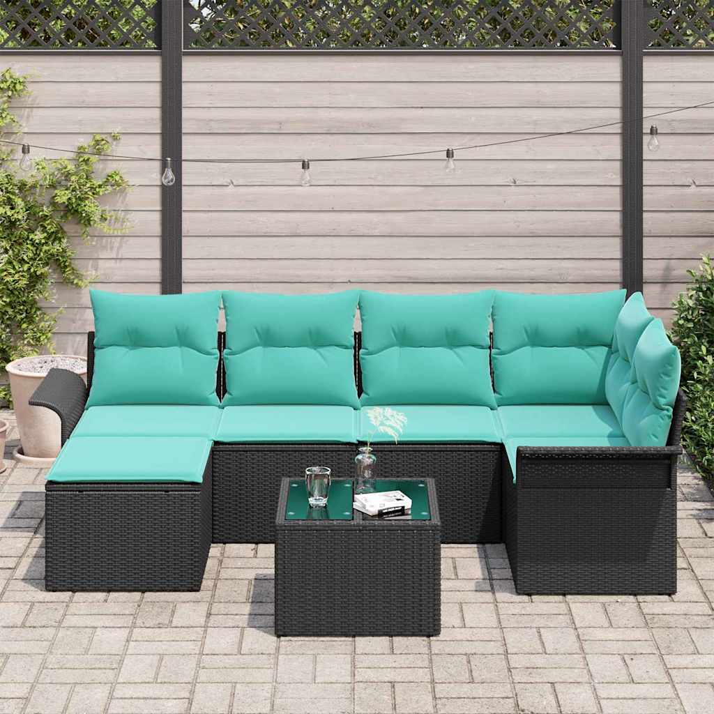 Ensemble de canapé de jardin avec coussin 7 pcs Noir Poly rotin