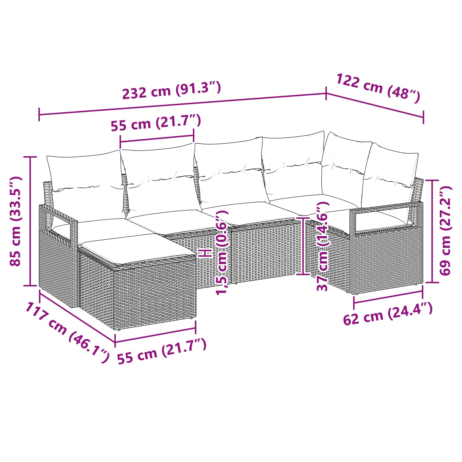 Ensemble de Canapés avec coussin 6 pcs Noir polyrotin