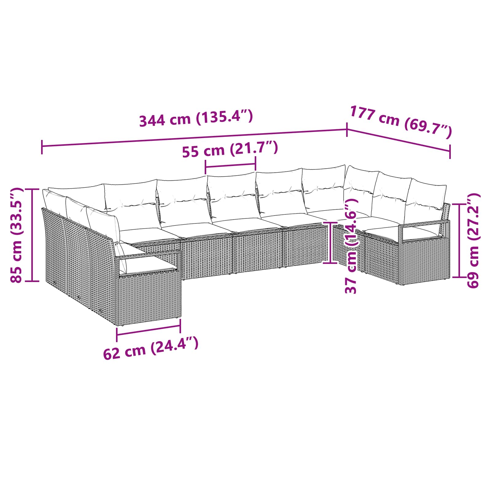 Ensemble de Canapés avec coussin 10 pcs Marron polyrotin