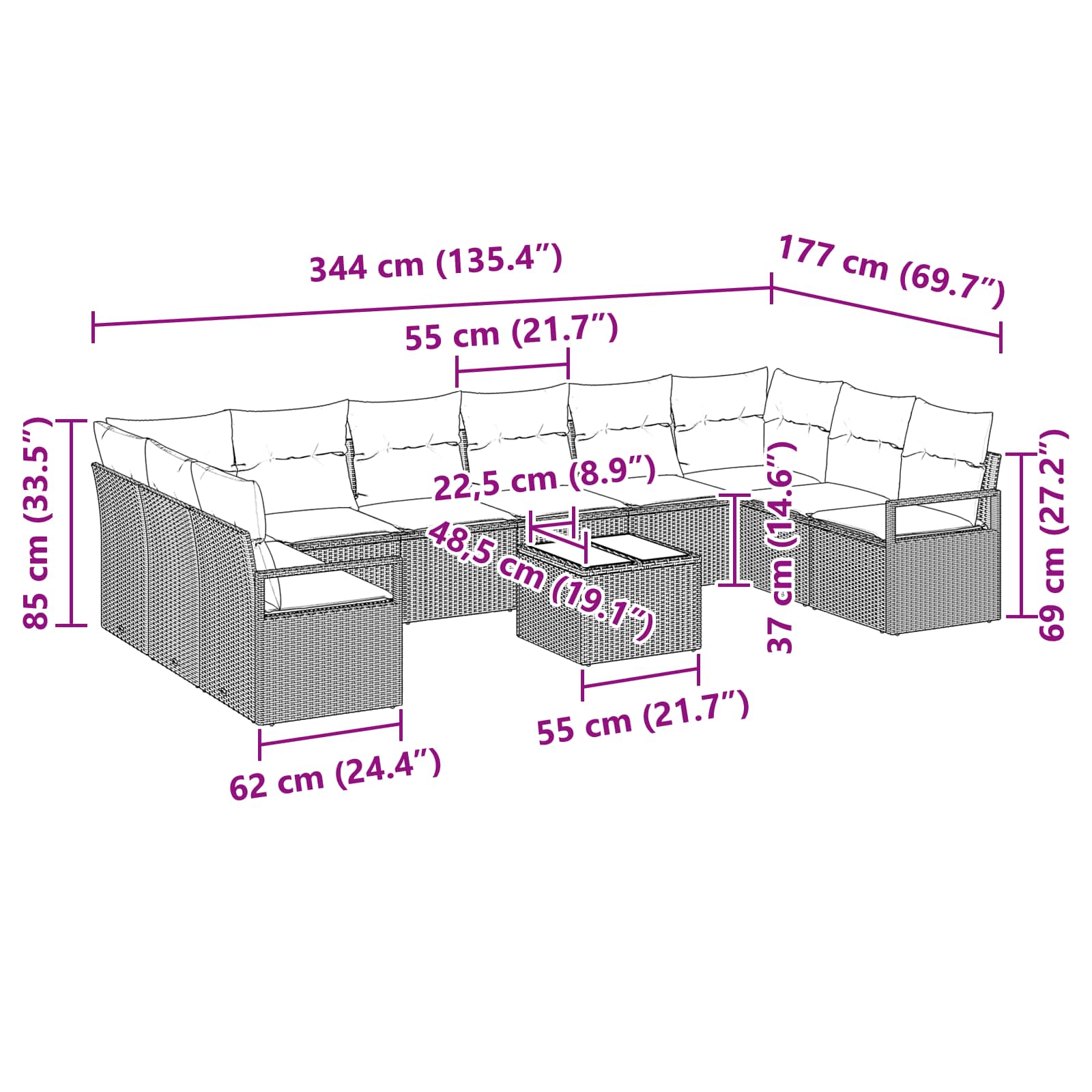 Ensemble de Canapés avec coussin 11 pcs Marron polyrotin