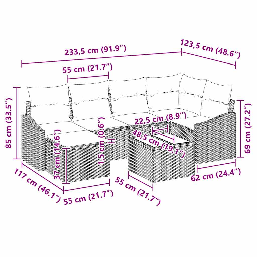 Ensemble de Canapés avec coussin 7 pcs Marron polyrotin