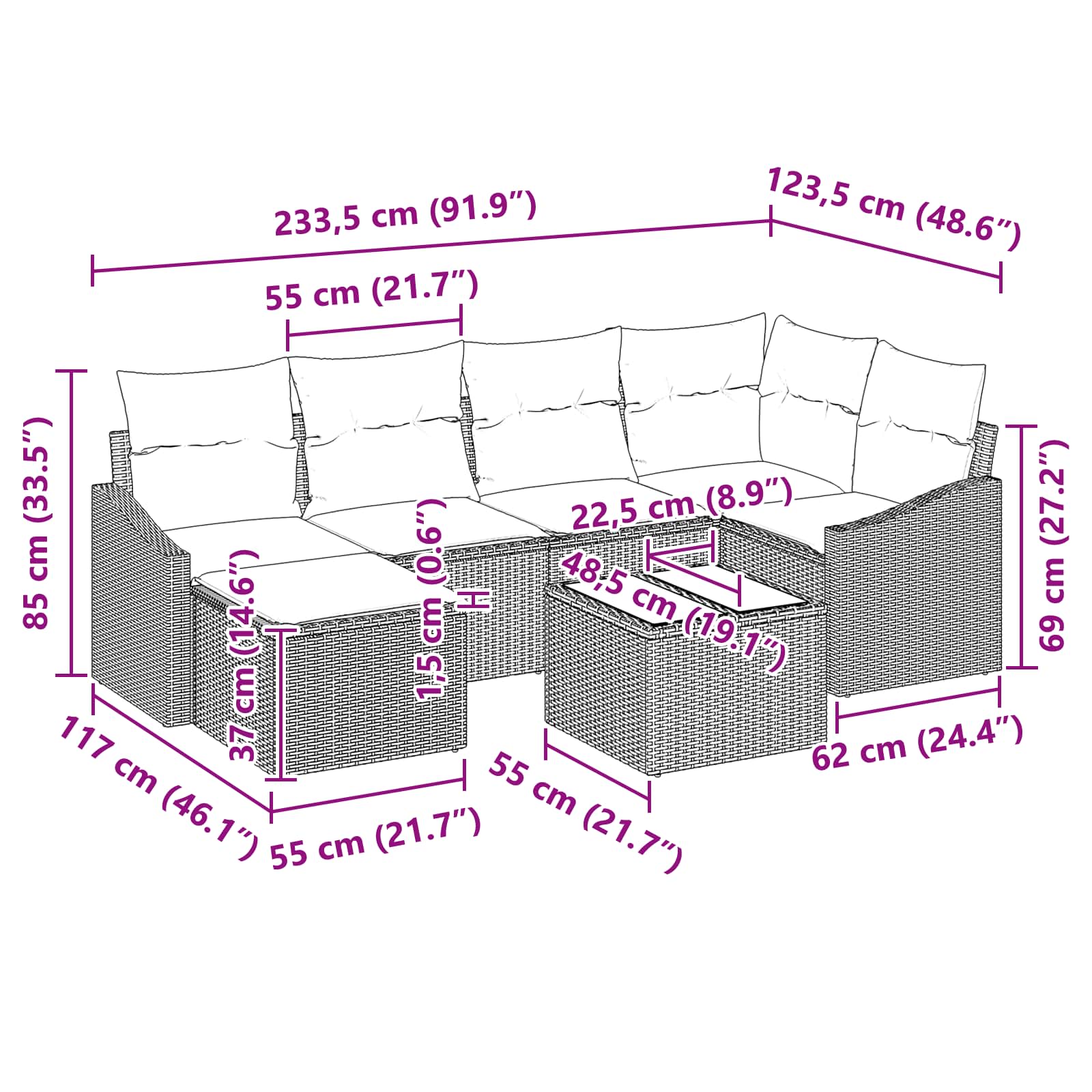 Ensemble de Canapés avec coussin 7 pcs Noir polyrotin