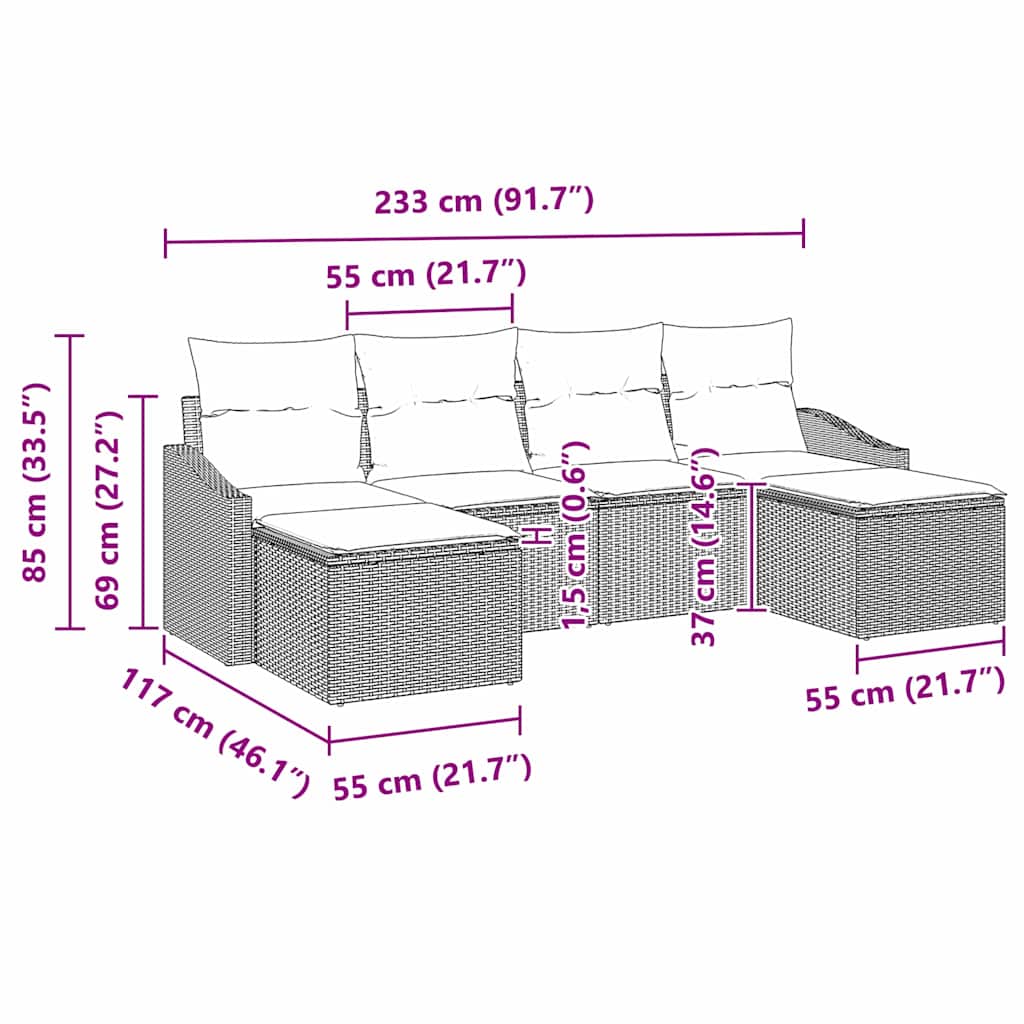 Ensemble de Canapés avec coussin 6 pcs Marron polyrotin