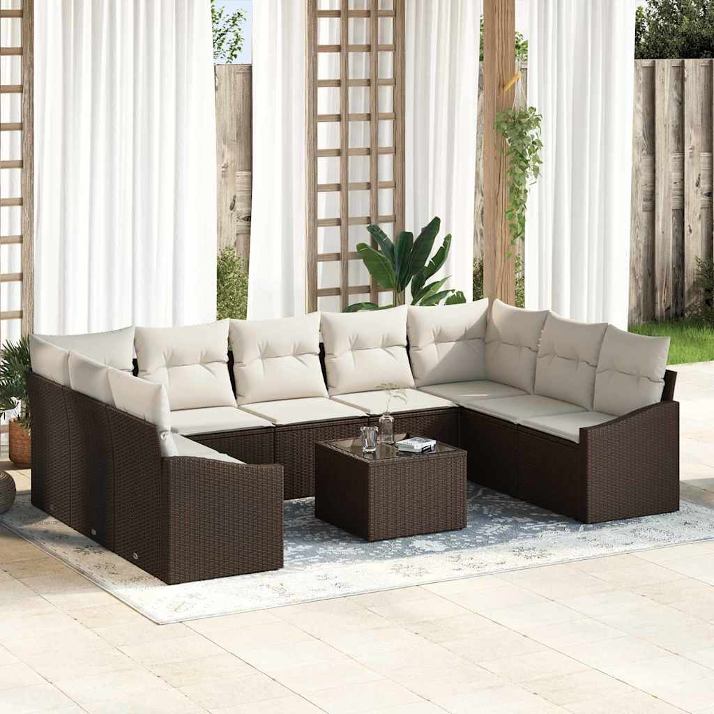 Ensemble de Canapés avec coussin 10 pcs Marron polyrotin