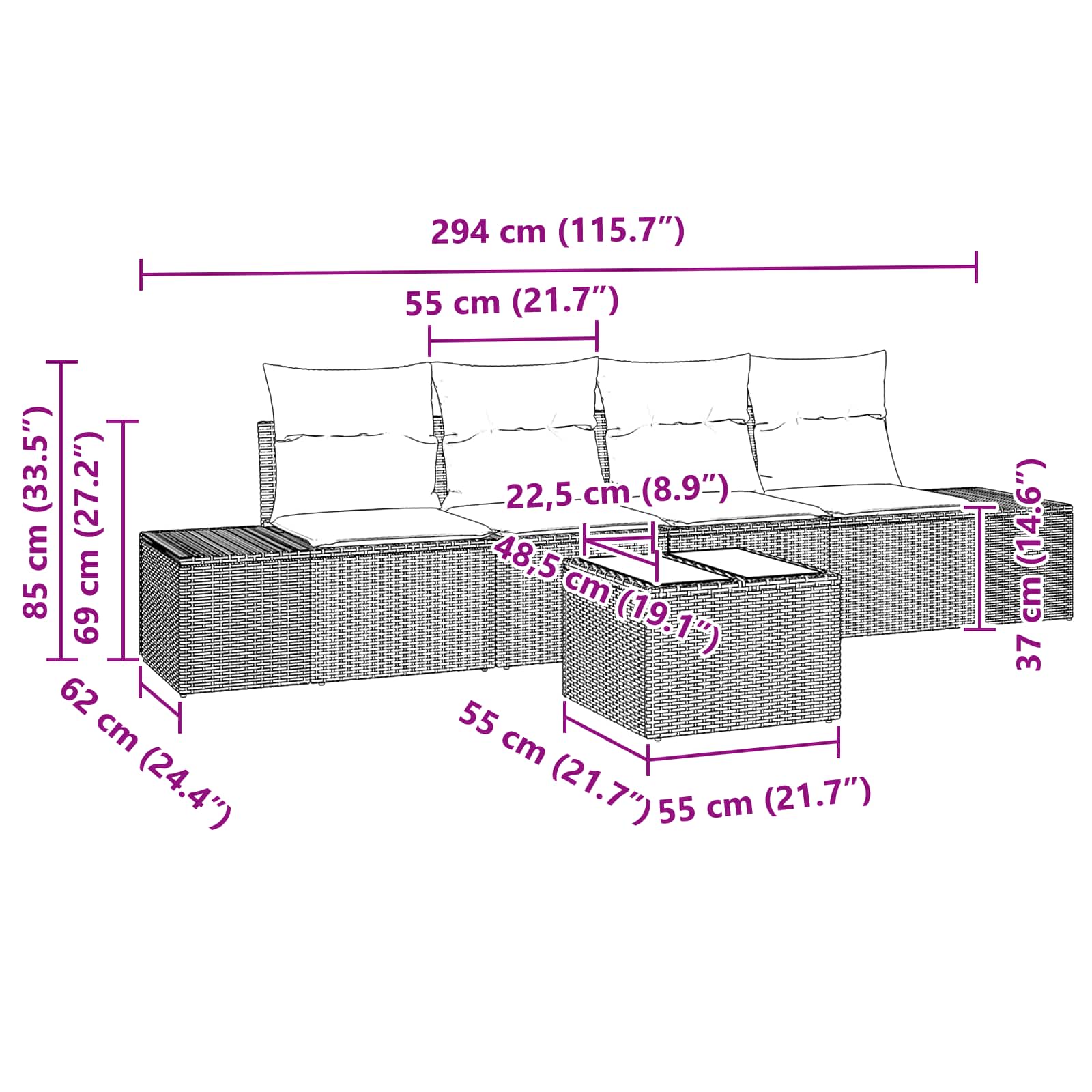 Ensemble de Canapés avec coussin 5 pcs Marron polyrotin