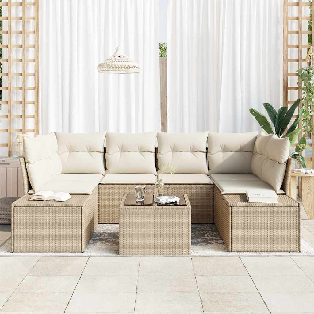 Ensemble de canapé de jardin avec coussin 7 pcs Beige polyrotin