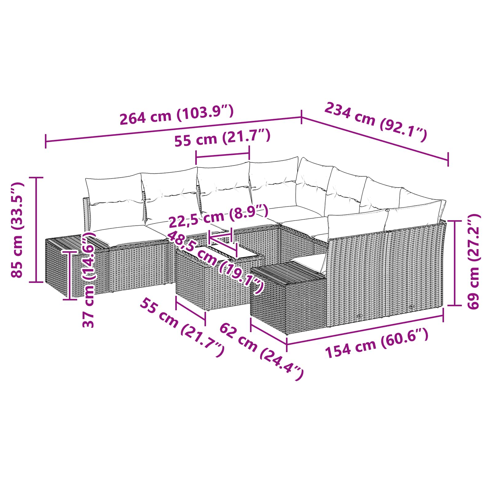 Ensemble de canapé de jardin 9 pcs Marron polyrotin - XIOS