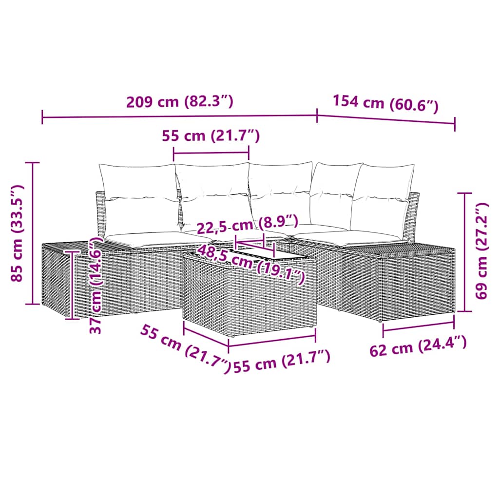 Ensemble de canapé de jardin 5 pcs Marron polyrotin