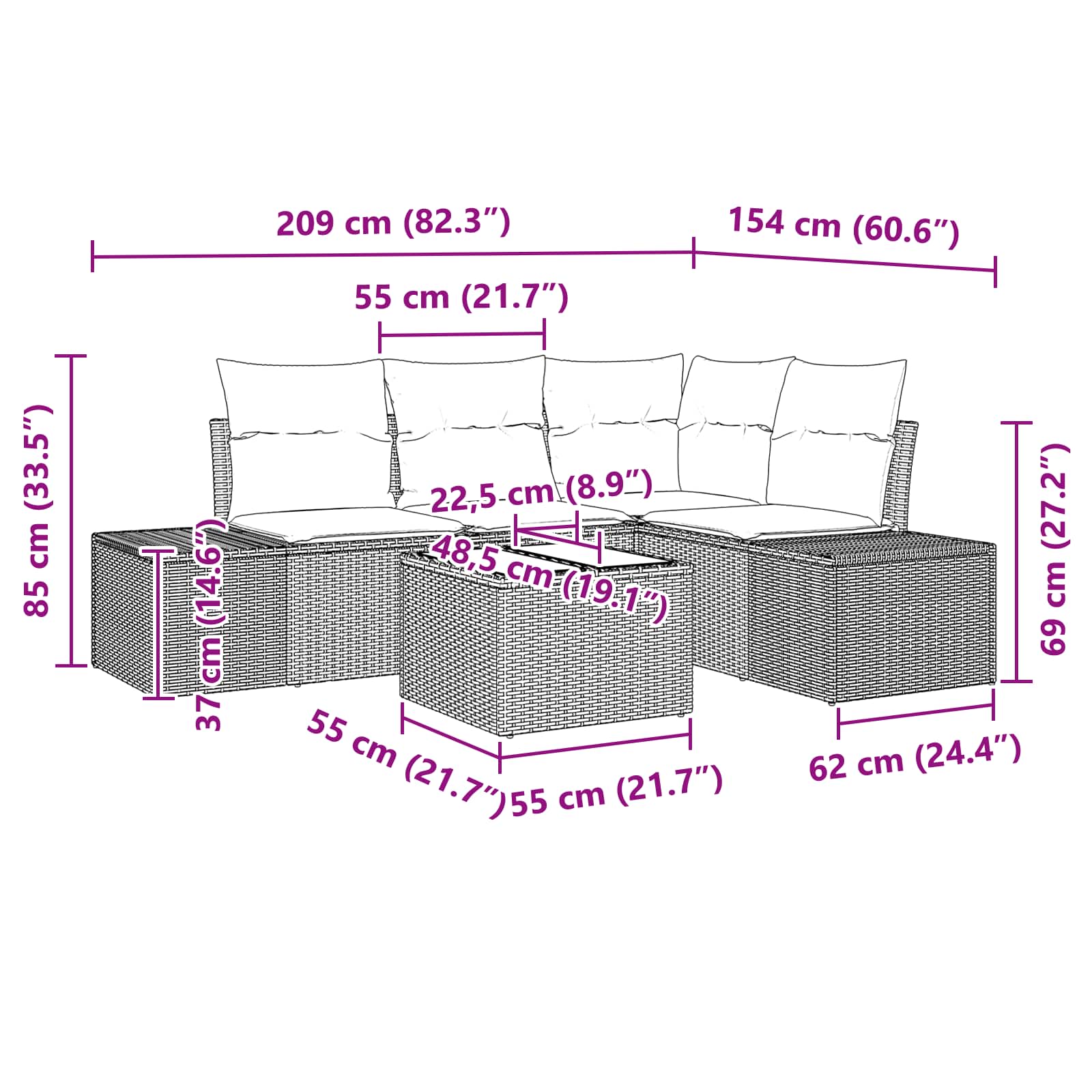 Ensemble de canapé de jardin 5 pcs Marron polyrotin