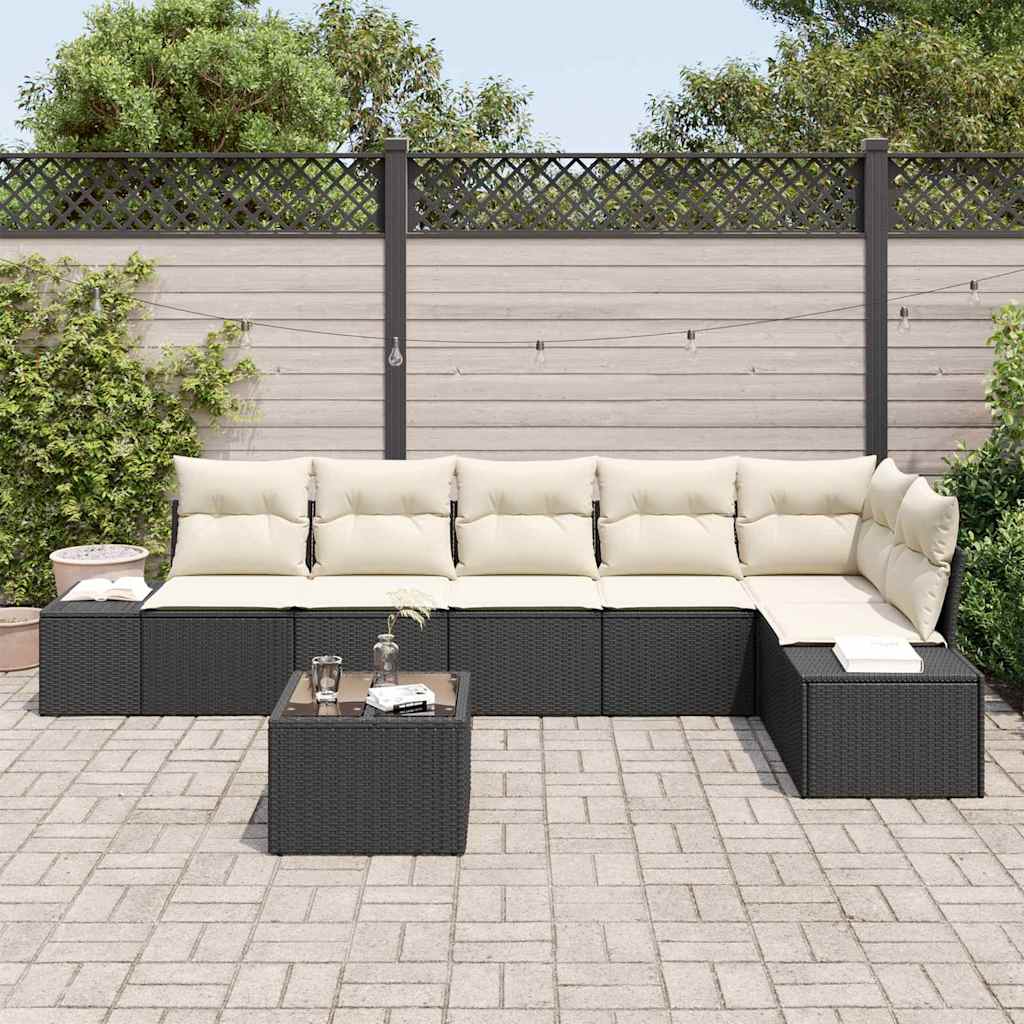 Ensemble de canapé de jardin 7 pcs Noir et Crème polyrotin